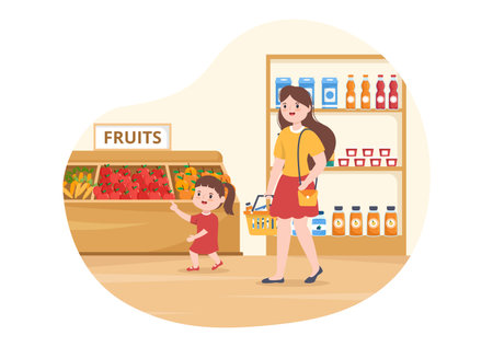 Grocery Store or Supermarket with Food Product Shelves, Racks Dairy, Fruits and Drinks for Shopping in Flat Cartoon Hand Drawn Templates Illustrationのイラスト素材