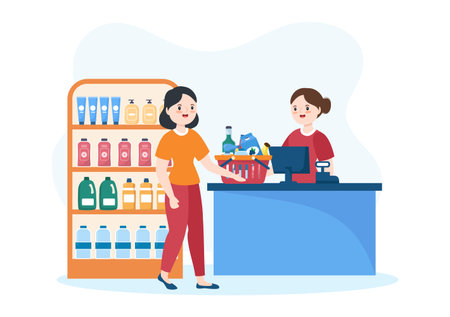 Grocery Store or Supermarket with Food Product Shelves, Racks Dairy, Fruits and Drinks for Shopping in Flat Cartoon Hand Drawn Templates Illustrationのイラスト素材
