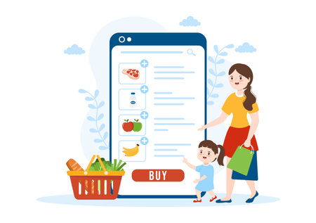 Online Grocery Store or Supermarket to Order Daily Necessities or Food via the App in Flat Cartoon Hand Drawn Templates Illustrationのイラスト素材