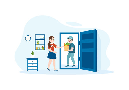 Online Grocery Store or Supermarket to Order Daily Necessities or Food via the App in Flat Cartoon Hand Drawn Templates Illustrationのイラスト素材