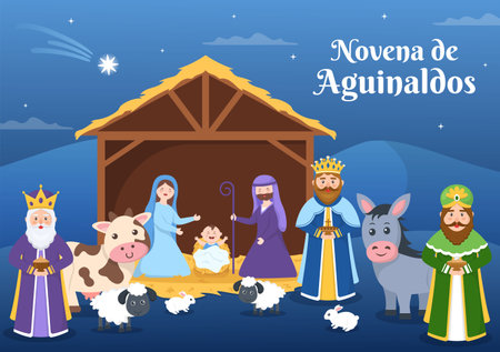 Novena De Aguinaldos Holiday Tradition in Colombia for Families to Get Together at Christmas in Flat Cartoon Hand Drawn Templates Illustrationのイラスト素材