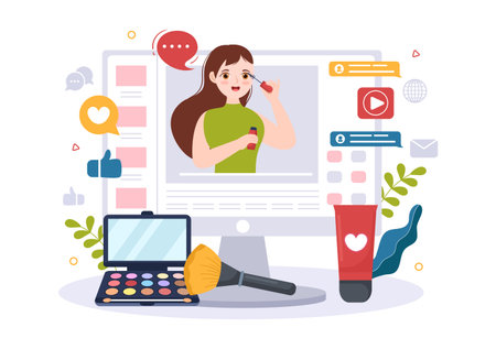 Beauty and Fashion Blog with Bloggers Review Videos of Fashionable Clothes, Cosmetics or Makeup Trends in Cartoon Hand Drawn Template Illustrationsのイラスト素材