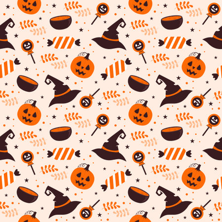 Halloween Seamless Pattern Design With Witch, Haunted House, Pumpkins or Bats in Template Hand Drawn Cartoon Flat Illustrationのイラスト素材