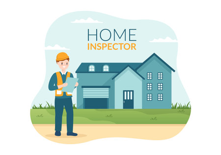 Home Inspector Checks the Condition of the House and Writes a Report for Maintenance Rent Search on Flat Cartoon Hand Drawn Template Illustrationのイラスト素材