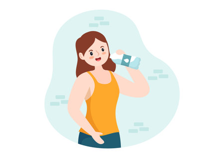 People Drinking Water From Plastic Bottles and Glasses with Pure Clean Fresh Concept in Flat Cartoon Hand Drawn Templates Illustrationのイラスト素材