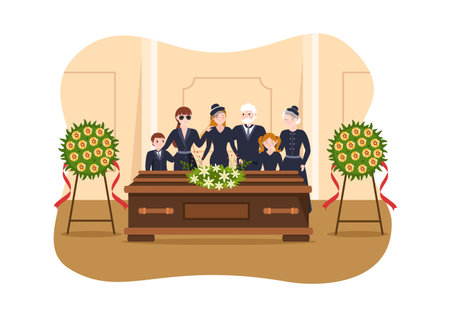 Funeral Ceremony in Grave of Sad People in Black Clothes Standing and Wreath Around Coffin in Flat Cartoon Hand Drawn Template Illustrationのイラスト素材