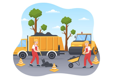 Road Construction and Highway Maintenance Workers Working on Asphalt Roads with Drilling Machine on Flat Cartoon Hand Drawing Template Illustrationのイラスト素材