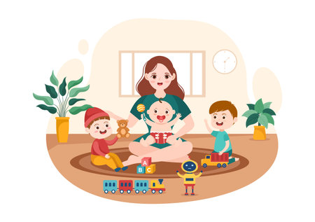 Babysitter or Nanny Services to Care for Provide for Baby Needs and Play with Children on Flat Cartoon Hand Drawn Template Illustrationのイラスト素材