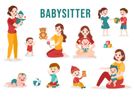 Babysitter or Nanny Services to Care for Provide for Baby Needs and Play with Children on Flat Cartoon Hand Drawn Template Illustrationのイラスト素材