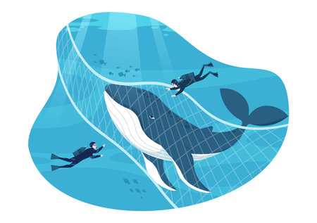 Whale Hunting with Whales Caught by Fisherman in the Middle of the Deep Sea for Sale in Hand Drawn Flat Cartoon Templates Illustrationのイラスト素材