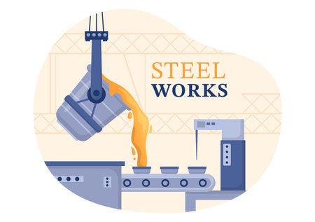 Steelworks with Resource Mining, Smelting of Metal in Big Foundry and Hot Steel Pouring in Flat Cartoon Hand Drawn Templates Illustrationのイラスト素材