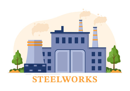 Steelworks with Resource Mining, Smelting of Metal in Big Foundry and Hot Steel Pouring in Flat Cartoon Hand Drawn Templates Illustrationのイラスト素材