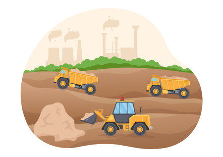 Mining Company with Heavy Yellow Dumper Trucks for Coal Mine Industrial Process or Transportation in Flat Cartoon Hand Drawn Templates Illustrationのイラスト素材