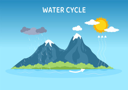 Water Cycle of Evaporation, Condensation, Precipitation to Collection in Earth natural environment on Flat Cartoon Hand Drawn Template Illustrationのイラスト素材