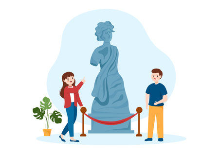 Contemporary Art Abstract Sculptures of Performance Standing in Exposition Hall or Museum on Flat Cartoon Hand Drawn Templates Illustrationのイラスト素材