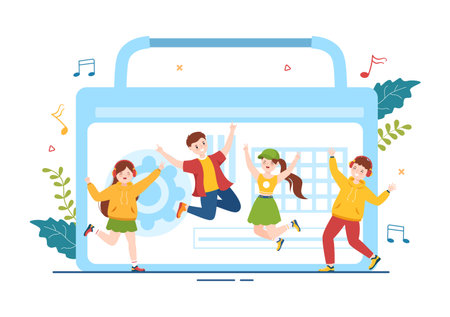 MP3 Player with Headphones, Headset and Phone of Music Listening Devices in Mobile App on Flat Cartoon Hand Drawn Templates Illustrationのイラスト素材