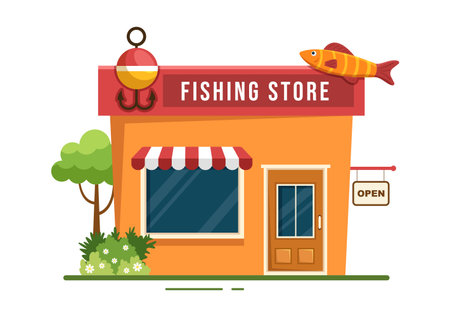 Fishing Shop Selling Various Fishery Equipment, Bait, Fish Catching Accessories or Items on Flat Cartoon Hand Drawn Templates Illustrationのイラスト素材