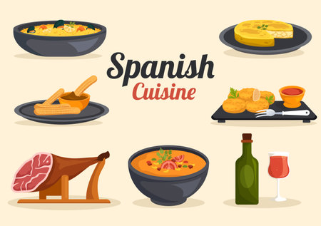 Spanish Food Cuisine Menu Restaurant with Various of Traditional Dish Recipe on Flat Cartoon Hand Drawn Templates Illustrationのイラスト素材