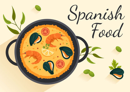 Spanish Food Cuisine Menu Restaurant with Various of Traditional Dish Recipe on Flat Cartoon Hand Drawn Templates Illustrationのイラスト素材