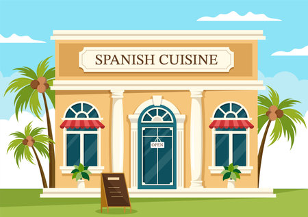 Spanish Food Cuisine Menu Restaurant with Various of Traditional Dish Recipe on Flat Cartoon Hand Drawn Templates Illustrationのイラスト素材