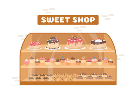 Sweet Shop Selling Various Bakery Products, Cupcake, Cake, Pastry or Candy on Flat Cartoon style Hand Drawn Templates Illustrationのイラスト素材