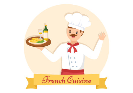 French Cuisine Restaurant with Various Traditional or National Food Dish of France on Flat Style Cartoon Hand Drawn Templates Illustrationのイラスト素材