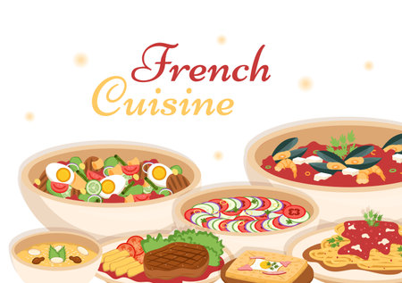 French Cuisine Restaurant with Various Traditional or National Food Dish of France on Flat Style Cartoon Hand Drawn Templates Illustrationのイラスト素材