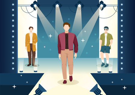 Fashion Men Show with Catwalk Male Models Display Clothes on Runway in Modern Trendy Outfits on Flat Cartoon Hand Drawn Templates Illustrationのイラスト素材