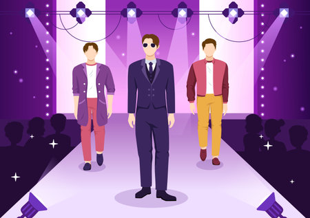 Fashion Men Show with Catwalk Male Models Display Clothes on Runway in Modern Trendy Outfits on Flat Cartoon Hand Drawn Templates Illustrationのイラスト素材