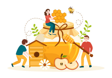 Honey Shop with a Natural Useful Product Jar, Bee or Honeycombs to be Consumed on Flat Cartoon Hand Drawn Templates Illustrationのイラスト素材