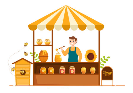 Honey Shop with a Natural Useful Product Jar, Bee or Honeycombs to be Consumed on Flat Cartoon Hand Drawn Templates Illustrationのイラスト素材