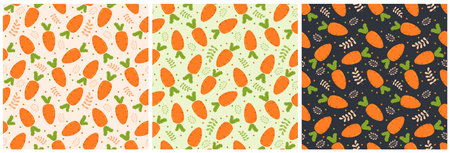 Set of Vegetarian, Fruit or Vegetables Seamless Pattern Design with Fresh, Organic and Natural Food in Hand Drawn Flat Cartoon Background Illustrationのイラスト素材