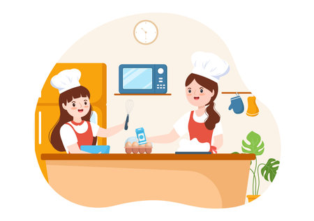 Cooking School With Kids and Teacher in a Class Learning to Learn Cooks Homemade Food on Flat Cartoon Hand Drawn Templates Illustrationのイラスト素材