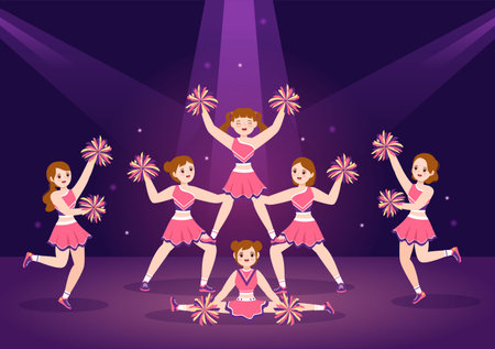 Cheerleader Girl with Pompoms of Dancing and Jumping to Support Team Sport During Competition on Flat Cartoon Hand Drawn Templates Illustrationのイラスト素材