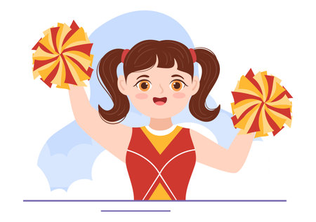 Cheerleader Girl with Pompoms of Dancing and Jumping to Support Team Sport During Competition on Flat Cartoon Hand Drawn Templates Illustrationのイラスト素材