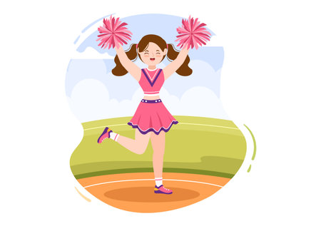Cheerleader Girl with Pompoms of Dancing and Jumping to Support Team Sport During Competition on Flat Cartoon Hand Drawn Templates Illustrationのイラスト素材