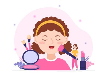 Beauty and Make up School with Cosmetic Products to Study and Beautiful Girls Applying Makeup in Flat Cartoon Hand Drawn Templates Illustrationのイラスト素材
