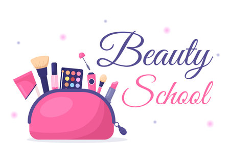Beauty and Make up School with Cosmetic Products to Study and Beautiful Girls Applying Makeup in Flat Cartoon Hand Drawn Templates Illustrationのイラスト素材