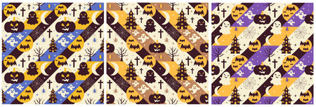 Set of Halloween Seamless Pattern Design With Witch, Haunted House, Pumpkins or Bats in Template Hand Drawn Cartoon Flat Illustrationのイラスト素材