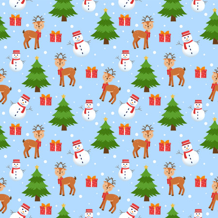 Christmas Background Seamless Pattern Design With Santa Claus, Tree, Snowman And Gifts in Template...