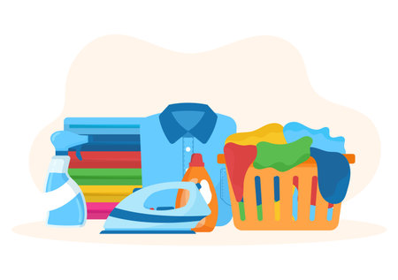 Dry Cleaning Store Service with Washing Machines, Dryers and Laundry for Clean Clothing in Flat Cartoon Hand Drawn Templates Illustrationのイラスト素材