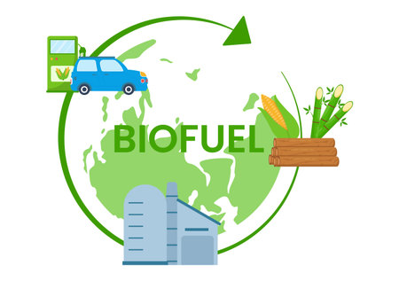 Biofuel Life Cycle of Natural Materials and Plants with Green Barrels or Biogas Production Energy in Flat Cartoon Hand Drawn Templates Illustrationのイラスト素材