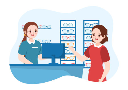 Eye Glasses Store or Optical Shop with Accessories, Optician, Checking Vision and Eyeglasses in Flat Cartoon Hand Drawn Templates Illustrationのイラスト素材