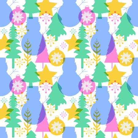 Christmas Background Seamless Pattern Design With Santa Claus, Tree, Snowman And Gifts in Template...