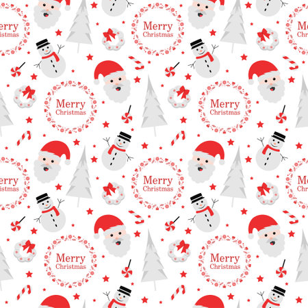 Christmas Background Seamless Pattern Design With Santa Claus, Tree, Snowman And Gifts in Template Hand Drawn Cartoon Flat Illustrationのイラスト素材