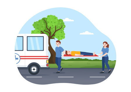 Medical Vehicle Ambulance Car or Emergency Service for Pick Up Patient the Injured in an Accident in Flat Cartoon Hand Drawn Templates Illustrationのイラスト素材