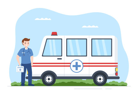 Medical Vehicle Ambulance Car or Emergency Service for Pick Up Patient the Injured in an Accident in Flat Cartoon Hand Drawn Templates Illustrationのイラスト素材