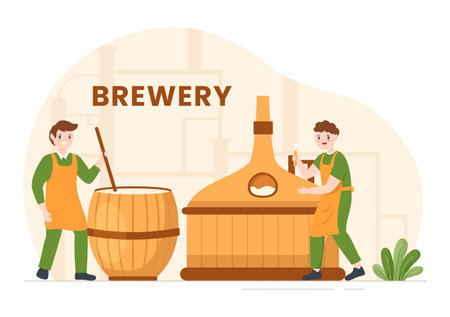 Brewery Production Process with Beer Tank and Bottle Full of Alcohol Drink for Fermentation in Flat Cartoon Hand Drawn Templates Illustrationのイラスト素材
