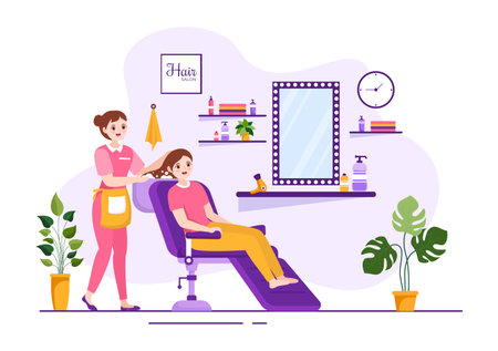 Hair Salon with Hairdresser, Haircut, Haircare and Hairstyle in Beauty Salon or Barber in Flat Cartoon Hand Drawn Templates Illustrationのイラスト素材