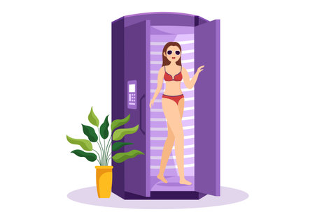 Tanning Bed Procedure to Get Exotic Skin with Modern Technology at the Spa Salon Solarium in Flat Cartoon Hand Drawn Templates Illustrationのイラスト素材